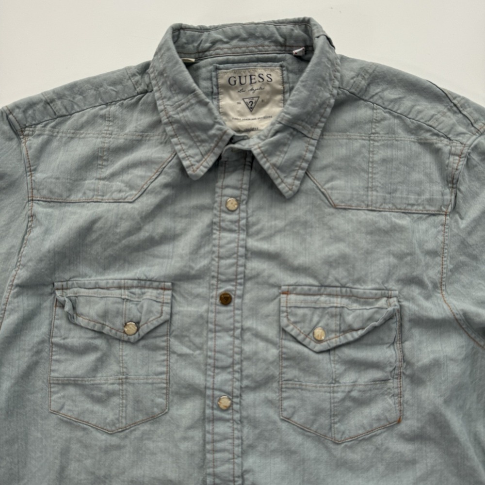 GUESS Denim Western Pearl‎ Snap Button Up Long Sleeve Shirt Mens Large Blue - Picture 3 of 15